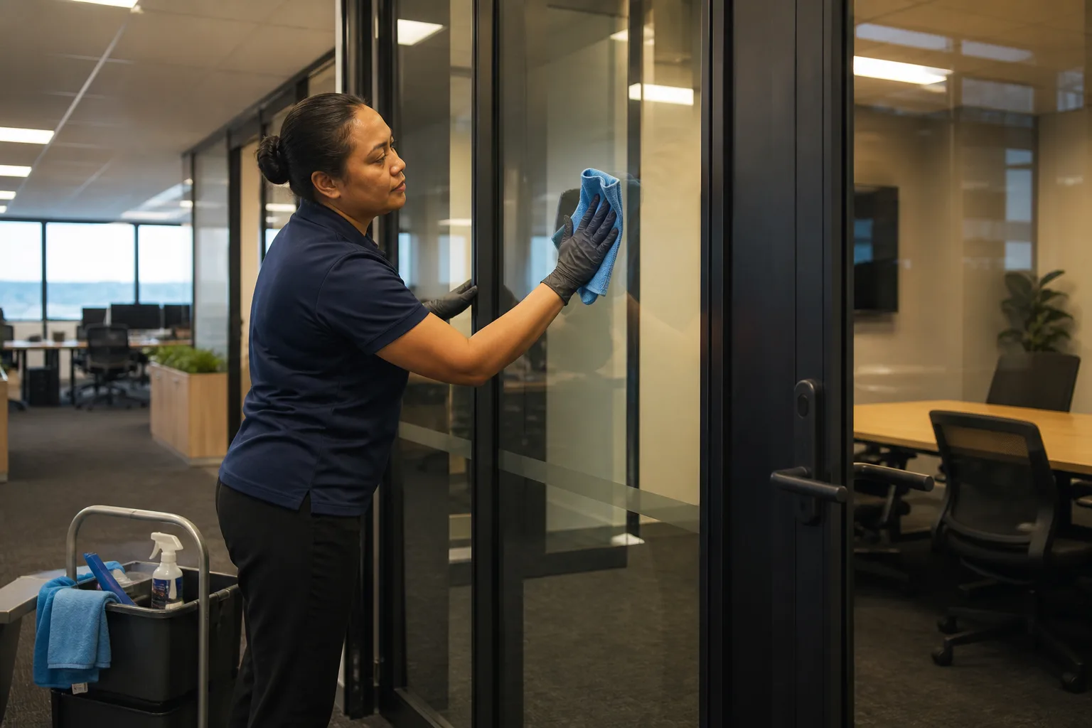 Cleaner wiping a glass partition in an office