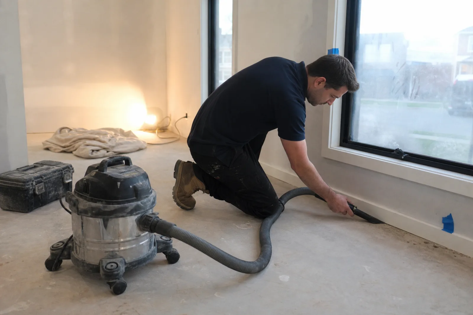 Cleaner removing fine construction dust in a newly completed room before handover