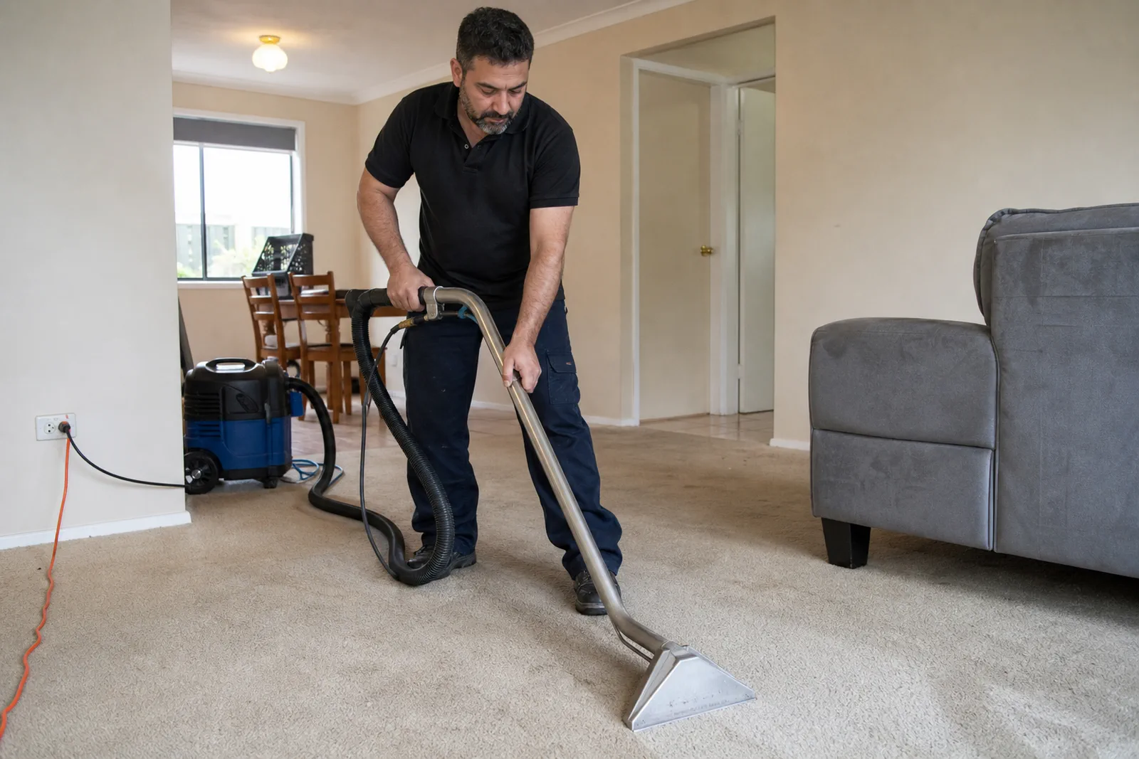 Cleaner using carpet extraction equipment in a living room