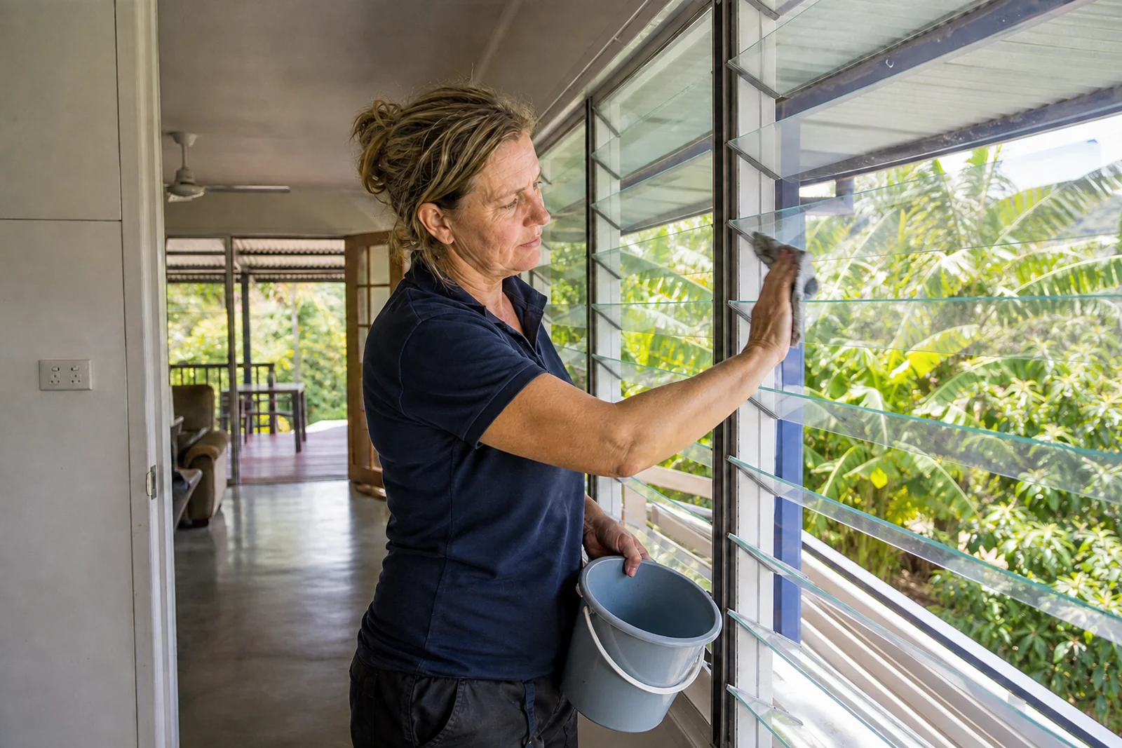 Cleaner mopping the tiled floor of a lived-in tropical home