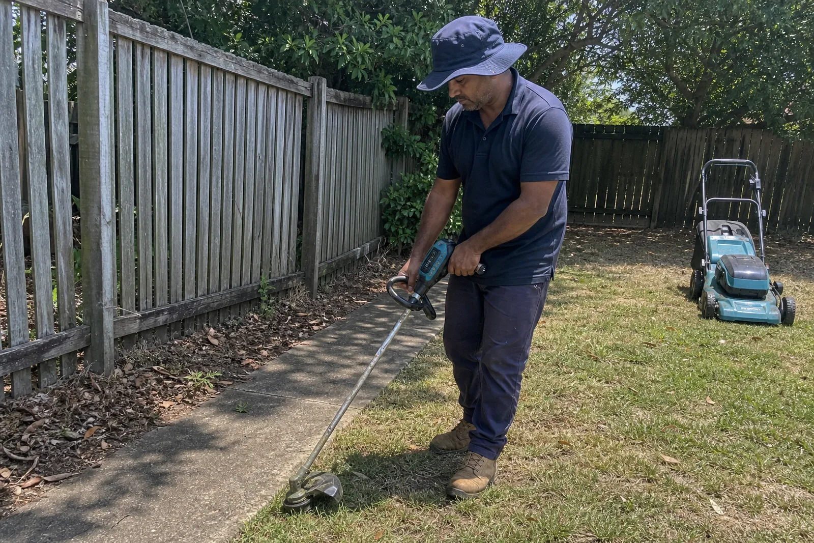 Grounds worker edging lawns outside a modest commercial property
