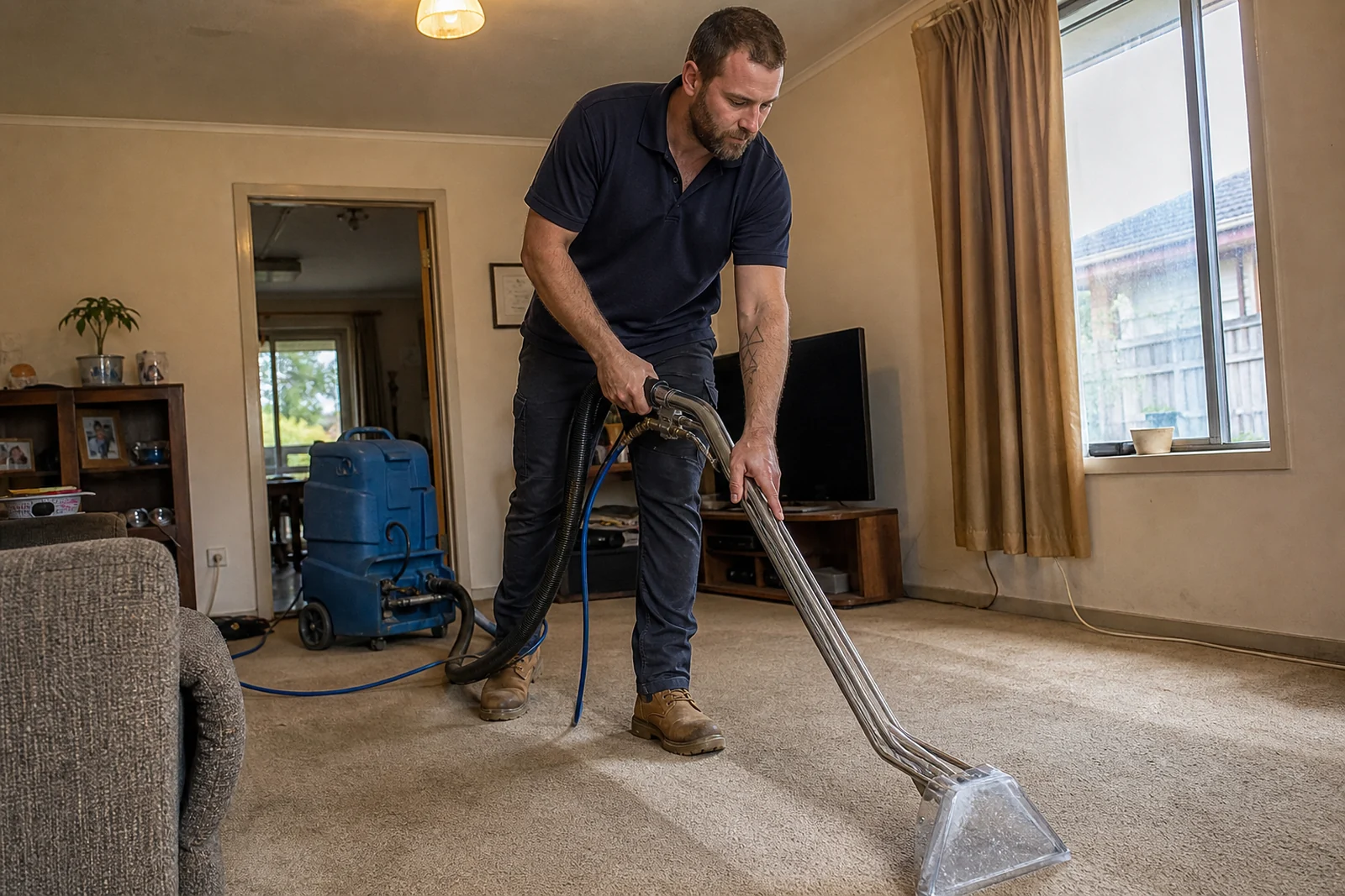 Carpet cleaning technician using extraction equipment in an ordinary Australian lounge