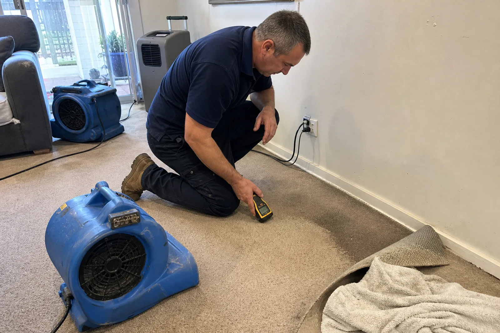 Technician checking damp carpet beside air movers and a dehumidifier